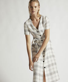 Summer Clothing Women V Neck Midi Checked Linen Dress