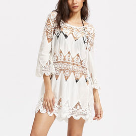 Summer white maxi dress hollow out crochet hem women dress with three quarter sleeves
