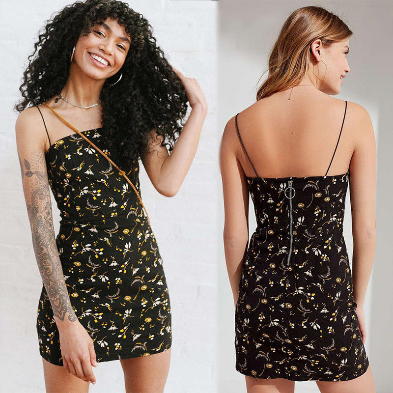 2018  Adjustable Spaghetti Strap Floral Print Vacation Dress Bodycon Mini Dress Hot Summer