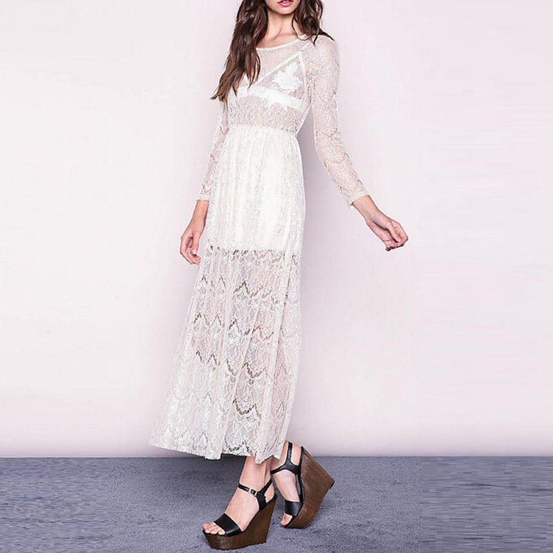 New design long sleevesheer lace white women maxi dress