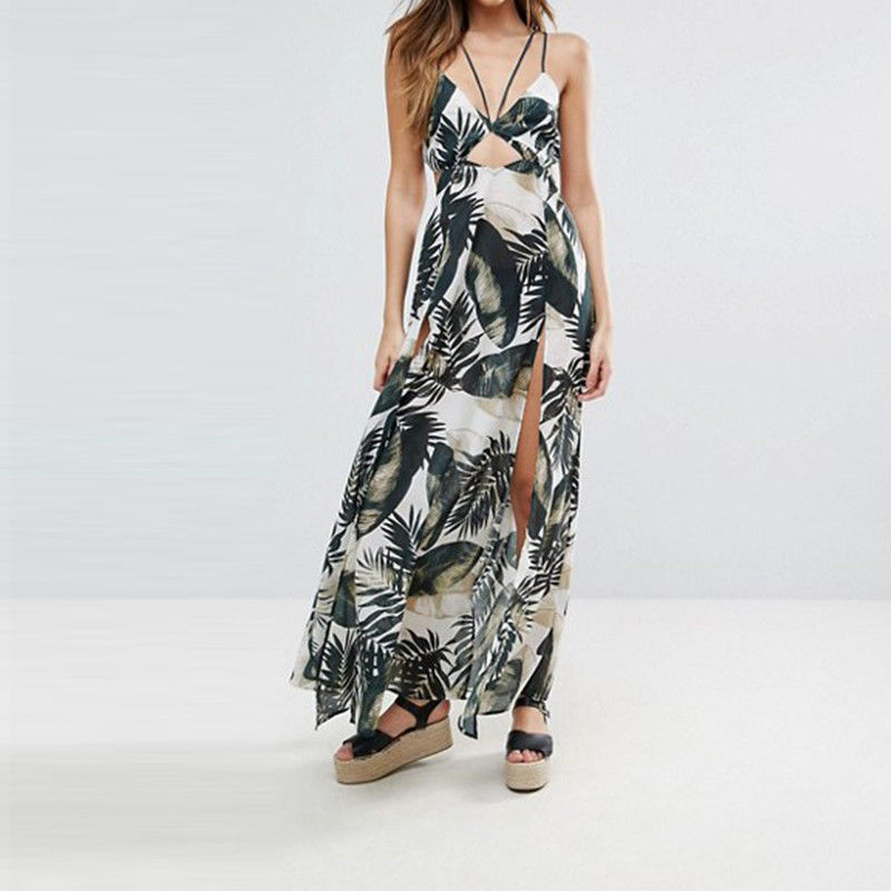 maxi dress tropical palm printed neck beach long dress