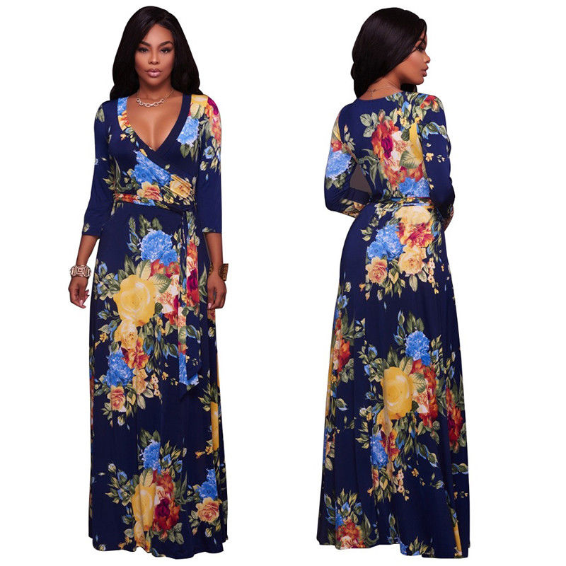 Floral print v-neckline long sleeve maxi dress for women